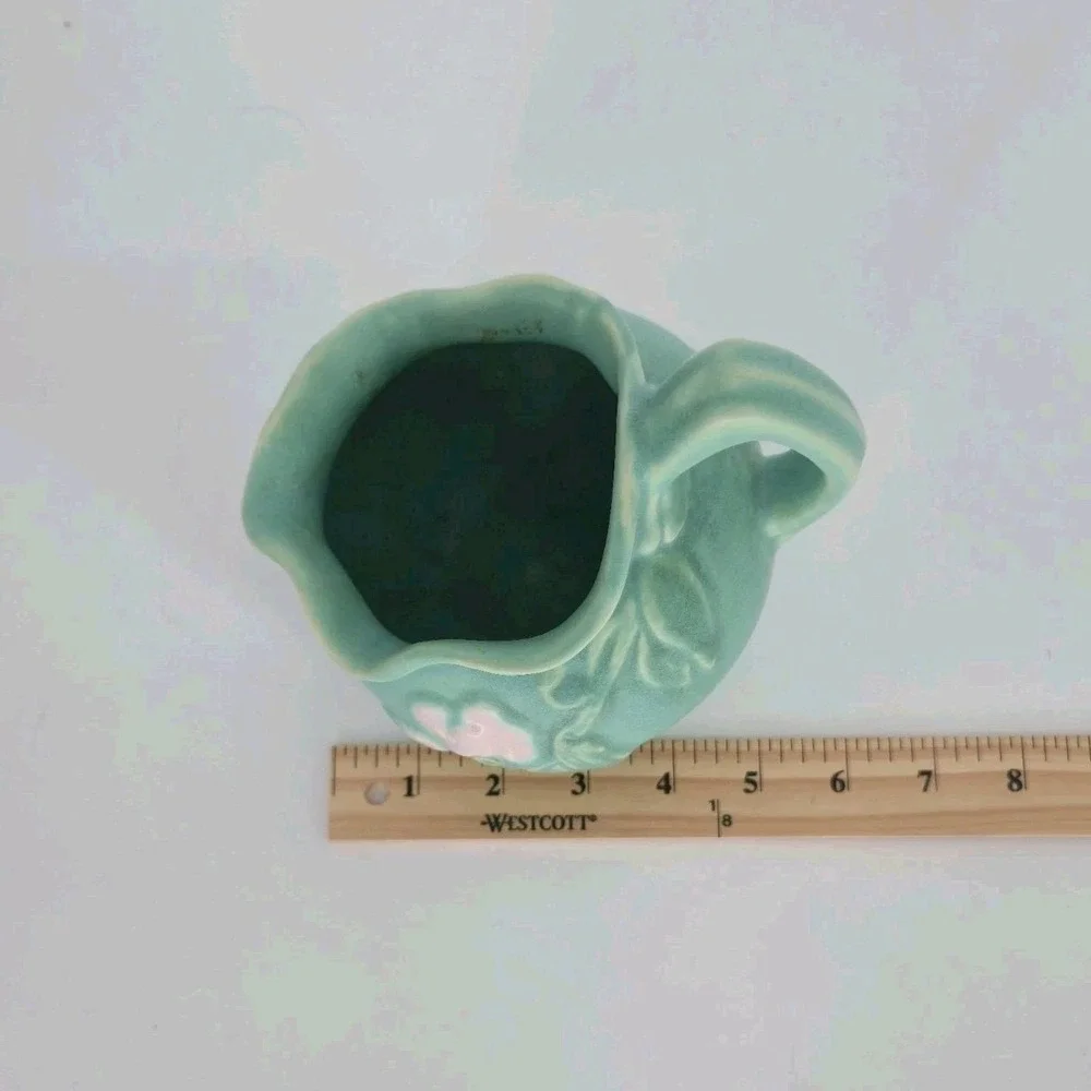 Vintage Weller Bouquet F-20 Turquoise Ball Pitcher Pink Floral Art Pottery 1930s